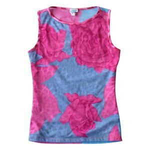 Y2K Natty & Hillie Semi Sheer Mesh Tank Top | Pink Floral | Size Medium